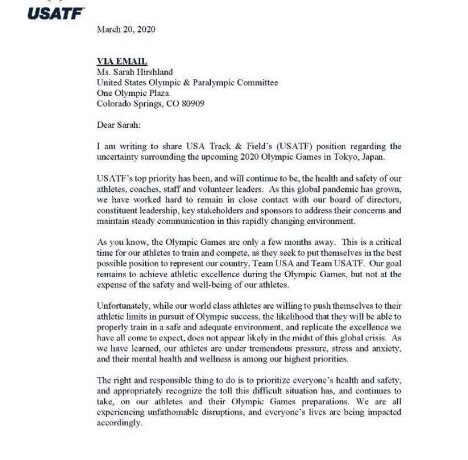 Αναβολή των Ολυμπιακών ζητά και η Usatf