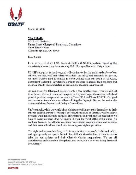 Αναβολή των Ολυμπιακών ζητά και η Usatf