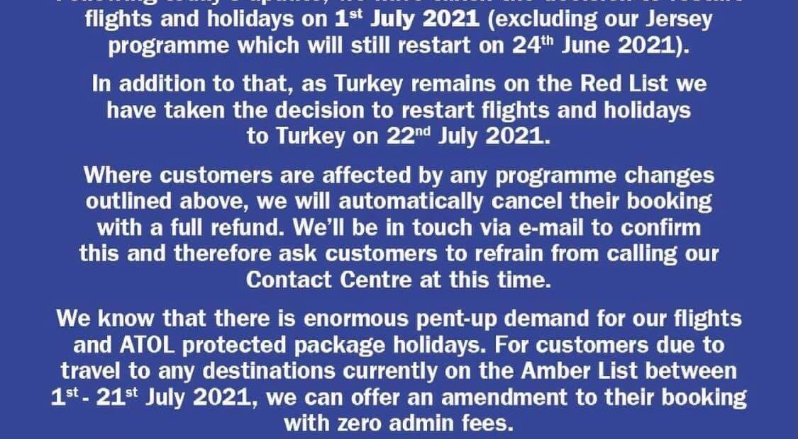 Η Jet2 μεταθέτει την επανεκκίνηση των ταξιδιών την 1η Ιουλίου | 22 Ιουλίου για την Τουρκία