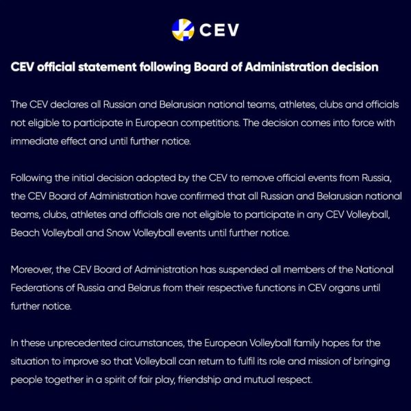 Fivb και Cev πέταξαν εκτός διεθνών διοργανώσεων Ρώσους και Λευκορώσους