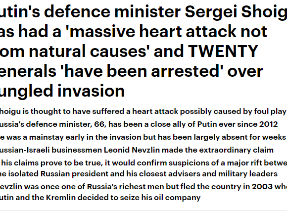Πόλεμος στην Ουκρανία: «Καρδιακή προσβολή από μη φυσικά αίτια» υπέστη ο Ρώσος υπουργός Άμυνας