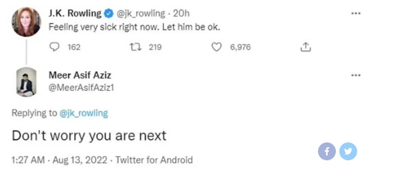 Jk Rowling: Δέχεται απειλές μετά το Tweet συμπαράστασης στον συγγραφέα Σαλμάν Ρούσντι