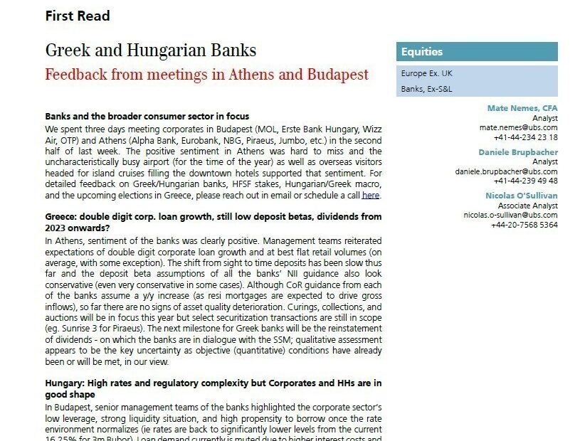 Ubs: Τι «είδε» στην Αθήνα ο οίκος και τι «έμαθε» στα ραντεβού με τους τραπεζίτες